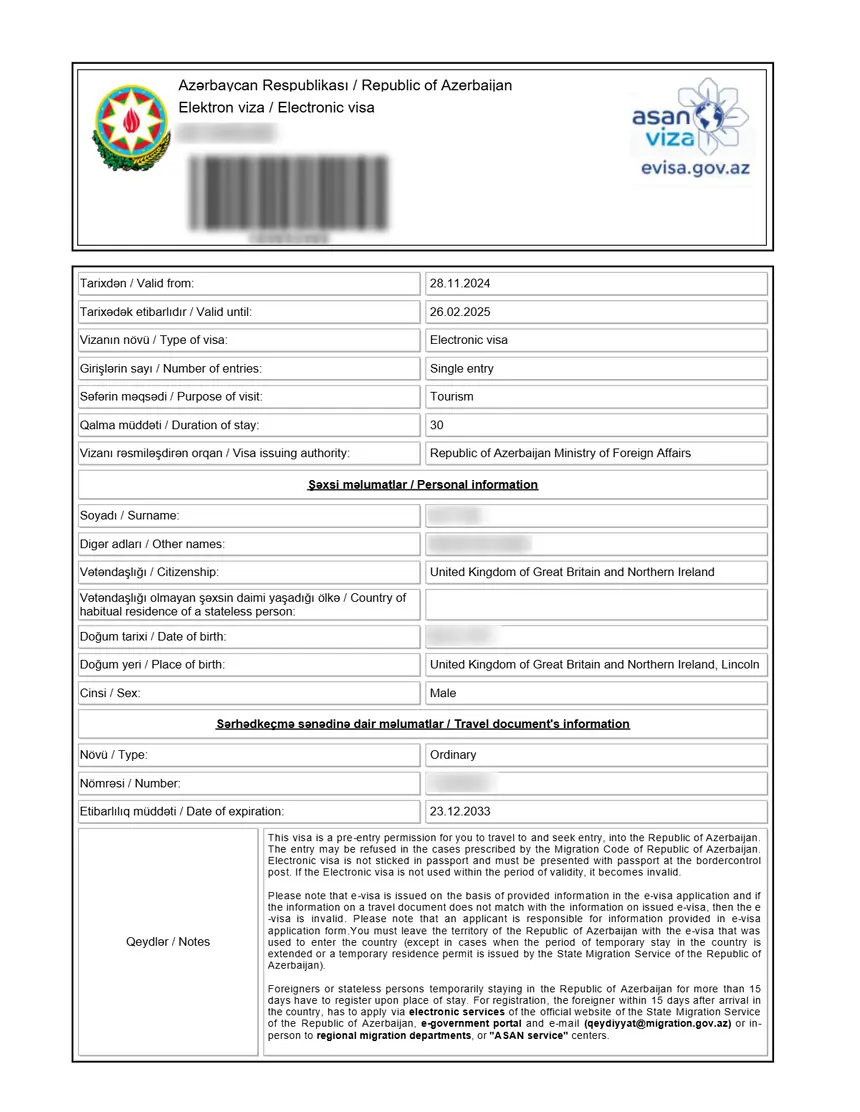 Sample Azerbaijan ASAN eVisa PDF document